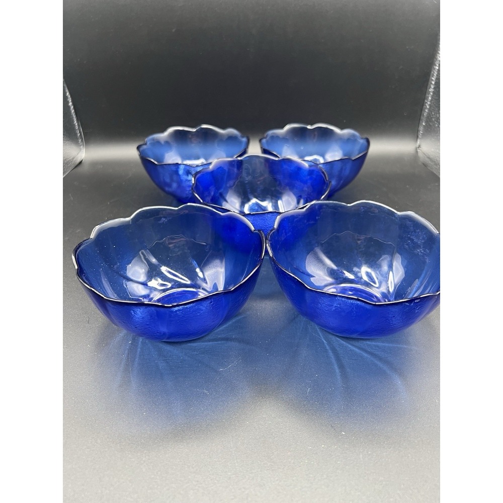 ARCOROC FRANCE 5 COLBALT BLUE 5" BOWL SWIRL SCALLOPED EDGED GLASS TEXTURED